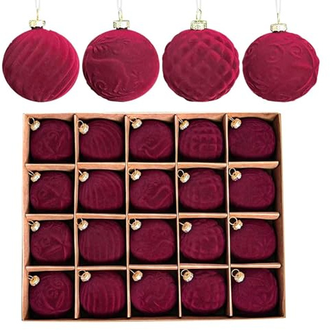 Burgundy Christmas Decorations Baubles, 20PCS Large Christmas Decorations Velvet Baubles Tree Ornaments With Hanging Loop, for Xmas Decorations Home Holiday Party Decor(6CM)