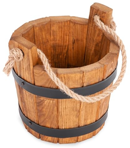 DREWDON Seau en brique Pot en bois rond 30 x H30 cm - Grand pot de fleurs en bois de pin en forme de tonneau - 10 L, marron, pour jardin, terrasse et balcon