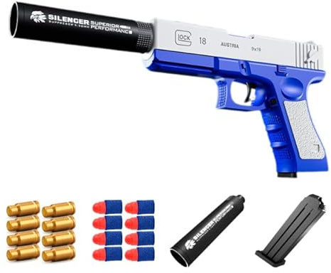 Pistola de juguete, lanzador de balas de goma, viene con cargador y balas de goma, adecuado para entrenamiento o juego, regalo de cumpleaños y Navidad, adecuado para mayores de 14 años(Blue and white)