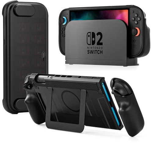 COOWPS P2 Coque pour Nintendo Switch 2, avec Poignée Ergonomique Antidérapante, Design Magnétique Et Support Stable, Couvercle Rigide De Voyage avec Protection Complète Et 12 Emplacements pour Cartes