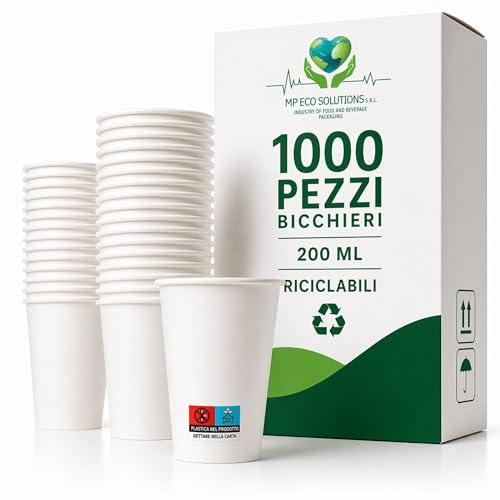 MP ECO SOLUTION 1000 Bicchieri Carta 200 ml Monouso Bianchi – Bicchieri Carta per Acqua e Bevande Calde – Ideali per Bar, Ufficio ed Eventi – Made in Italy