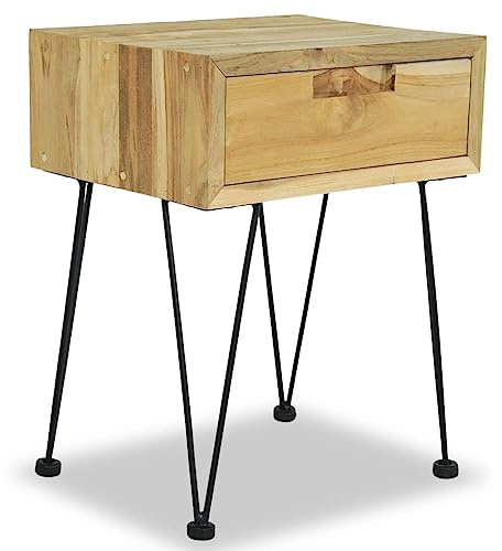 Fengshui Table de chevet 40 x 30 x 50 cm en bois massif teck | Teck recyclé, style colonial, pieds en fer forgé, tiroir, montage facile
