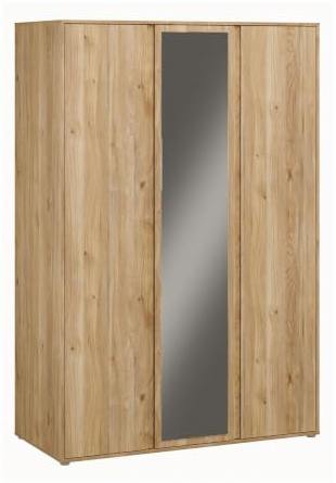 Forte LISSON Kleiderschrank 130, modern-minimalistischer Schrank, 3-türig, Spiegel, Einlegeböden, Kleiderstange, Holzwerkstoff, Mauvella Eiche Holzdekor, 129,5 cm breit x 193,7 cm hoch x 60,2 cm tief