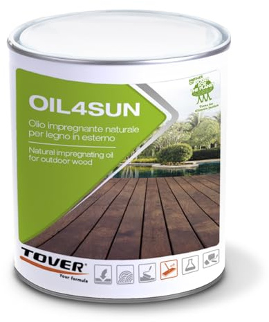 Tover Oil4Sun Olio Impregnante per Legno Esterno e Decking - Protettivo per Bordi Piscina e Teak - Resiste ai Raggi UV e Intemperie - Effetto Naturale Idrorepellente - 1 Litro
