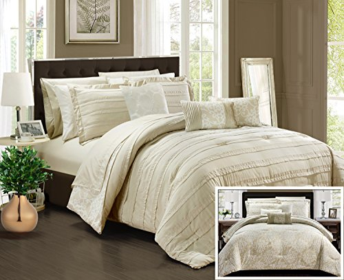 Chic Home Lea 10 Stück Wendedecke Tasche Rüschen Quetschfalten Motiv Muster Druck Komplett Bettwäsche Set Bettlaken Dekorative Kissenbezüge inklusive, Queen, Beige