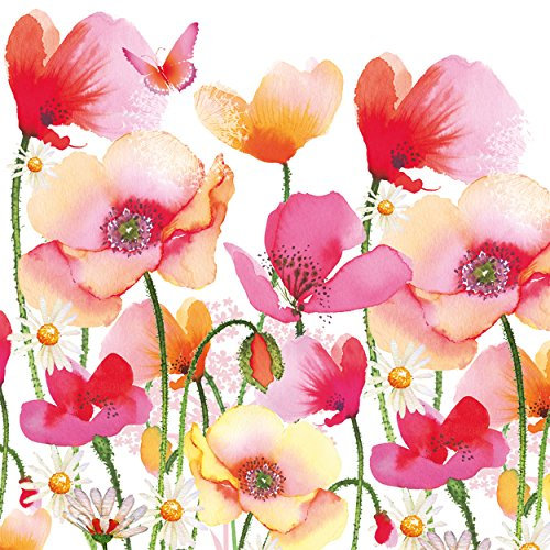PPD Aquarell Poppies & Daisies Servietten, 20 Stück, Tischservietten, Tissue, Weiß/Bunt, 33 x 33 cm, 1331922