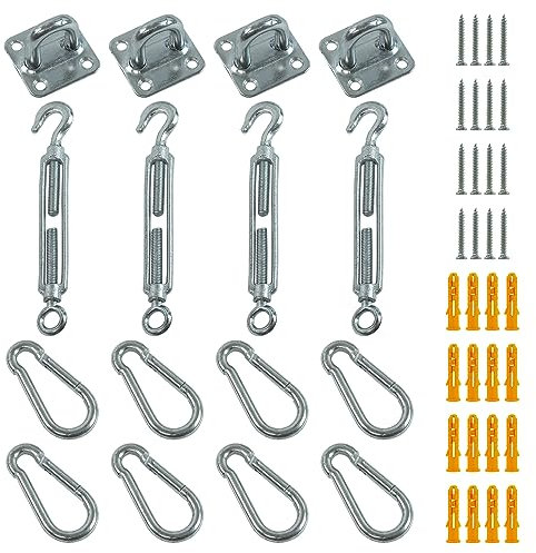 Woodside 4 Piece Galvanised Steel Sun Sail Shade Fixing Accessory Kit, Includes 4 x Turnbuckles, 4 x Pad Eyes, 8 x Snap Hooks, Wall Fixings