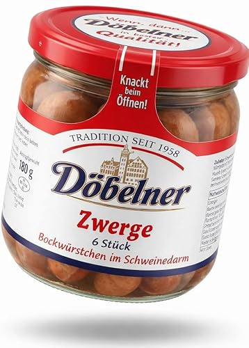 Döbelner Zwerge – 6 knackige Bockwürstchen in klarer Lake (180g) | Im Buchenholzrauch geräuchert mit feinem rosafarbenem Brät – Sächsische Spezialität aus Tradition