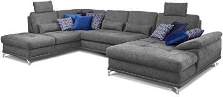 Cavadore Wohnlandschaft Castiel mit Federkern / Großes U-Form-Sofa mit Schlaffunktion, Bettkasten, Sitztiefenverstellung und Kopfstützen / 368 x 114 x 232 / Webstoff, Grau