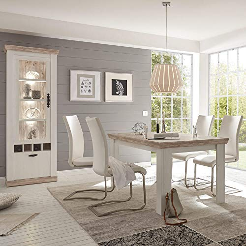 Lomadox Esszimmer-Set im Landhaus Stil Pinie weiß, Oslo Pinie dunkel, Esstisch und Standvitrine mit LED
