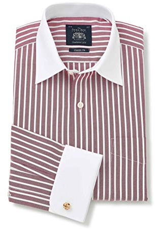 Men's Classic Fit Double Cuff Winchester Shirt, Dark Red Stripe, 19.5