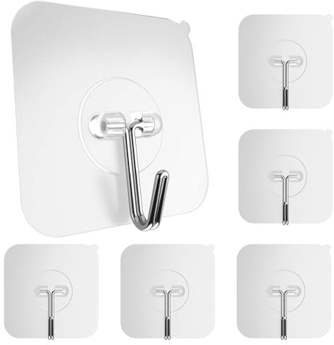 GLUIT Adhesive Hooks for Hanging Heavy Duty Wall Hooks 22 lbs Self Adhesive Hook Waterproof Transparent Hooks for Keys Bathroom Shower Outdoor Kitchen Door Home Improvement Sticky Hooks 6 Pack