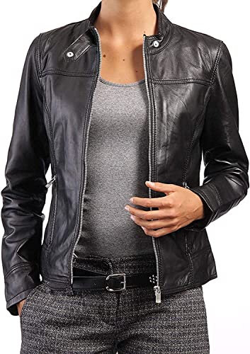 Asymmetrische Damen-Bikerjacke aus echtem Lammfell, klassische Lederjacke im Biker-Stil für Damen, schmale Passform, Moto-Lederjacke, Schwarz , 48