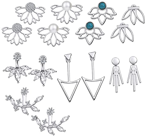 8 Paar Silber Vintage Ohrring Set für Damen Frauen, Boho Hohle Lotusblüte Blumen Piercing Ohr Ohrstecker,Kristall Schlichte Vordere Rückseite Ohrringe Orientalisch Modeschmuck für Geburtstag Geschenk