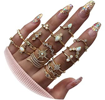 HUASAI Goldfarbene Stapelbare Ringe für Frauen, Boho-Mond-Stern, Midi-Knöchelring-Set, Niedlicher Schmuck, Geburtstagsgeschenke