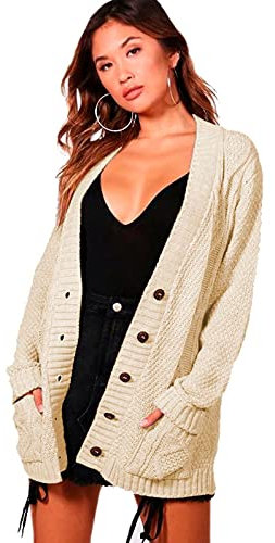 Pretty Attitude Womens Ladies Chunky Cable Knit Cardigan Button Long Sleeves Grandad Plus Sizes (Cream, 10)