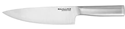 KitchenAid Gourmet Forged Stainless Steel Chef Knife with Custom-Fit Blade Cover, Sharp Kitchen Knife, Japanese Stainless Steel Blade, 8 Inch, Brushed Stainless Steel Handle