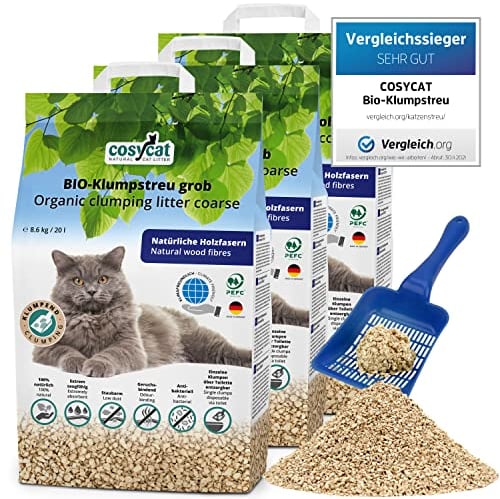 COSYCAT Klumpendes Bio-Katzenstreu aus Holz [100% Natürlich] – in der Toilette entsorgbar – Klumpstreu pflanzlich - Holzstreu (GROB, 60 l (3 x 20 l))