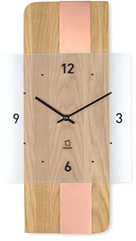Natuhr Holz Metall Glas Wanduhr - Fusion - präzises Funk-Uhrwerk plastikfrei verpackt (Eiche geölt/Kupfer Auflage)