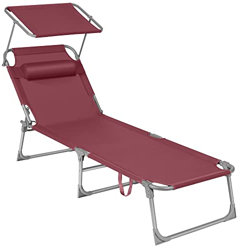 SONGMICS Sonnenliege, klappbarer Liegestuhl, 193 x 53 x 29 cm, trägt bis zu 150 kg, Sonnenschutz, Kopfkissen, verstellbare Rückenlehne, für Garten, Pool, Terrasse, rot GCB192R01