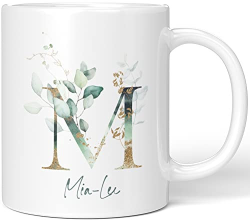 JUNIWORDS Tasse, Mia-Lee, Name Anfangsbuchstabe Initial Alphabet Floral Buchstabe M Monogramm Motiv, Weiß (5467429)