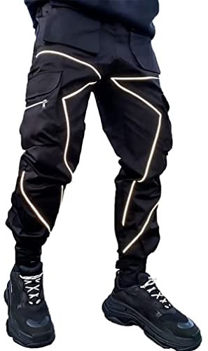 Herren Cargo Hosen Hip Hop Techwear Harem Hose Jogger Sweatpants mit Taschen Jogging Punk Lässig Schwarz L