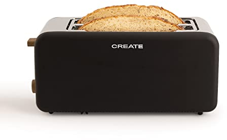 CREATE/TOAST RETRO XL/Toaster Schwarz / 6 Leistungsstufen, Krümelschublade, Thermostat, Auftauen, Aufwärmen, 2 breite Scheibenschlitze, 1500W