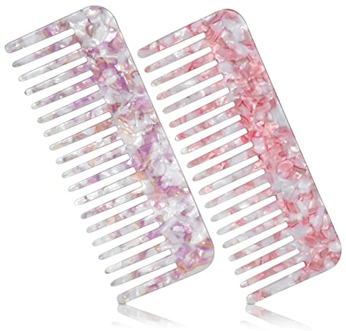 HONZUEN Peigne Cheveux Démêloir 2 Pièces, Dents Larges pour Cheveux Bouclés | Acétate de cellulose | Dents larges arrondies | Démêlage doux | Cheveux bouclés, épais et mouillés | 15,8 cm | Format léger