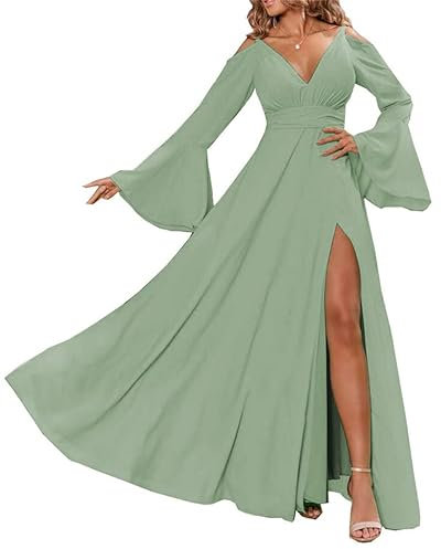 Women's Bridesmaid Dresses with Long Sleeve Cold Shoulder Formal Evening Dresses Plus Size Sage Green UK24