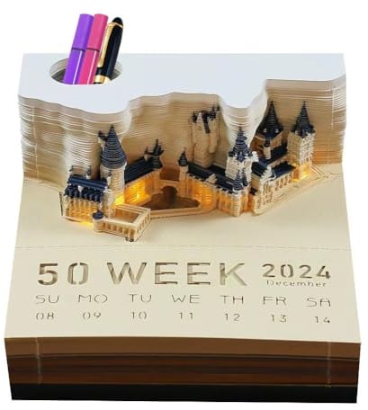 Zinueen 3D-Notizblock, Magic Castle 3d Kalender Abreißen 2024, Kreative Haftnotizen, 2024 Tischkalender-Notizblock, Desktop-Ornament, Papierskulptur, Geschenk (Wochenkalender mit LED)