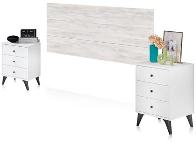 duehome | Pack Cabecero y 2 Mesitas de Noche, Dormitorio Doble, Dormitorio Completo, Modelo Iconic, Acabado en Blanco Velho y Negro