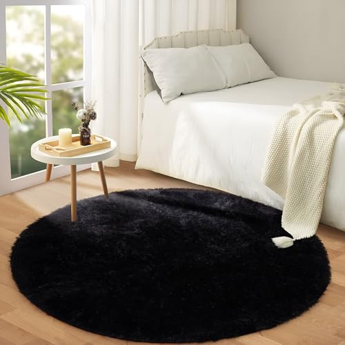Hafaa Fluffy Shaggy Rugs Living Room Black 120x120 cm Round, Soft Thick Pile Carpet, Non Slip Circle Bedside Rug for Kids Bedroom, Nursery, Lounge - Non-Shedding