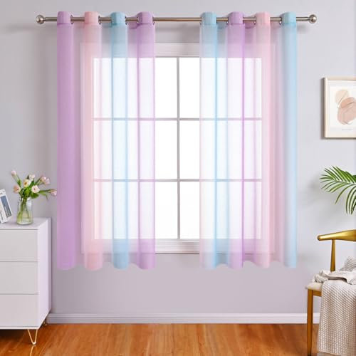 WUBODTI Farbenfrohe, durchsichtige Vorhänge, 160 cm lang, für Mädchenzimmer, Kinderzimmer, Stangentasche, Ombré-Lichtfiltervorhänge, Leinenvorhänge, 2 Paneele für Kinderzimmer, kleine Winodws, Rosa,