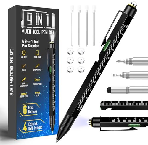 Pen Gifts for Men Women, Huhoo Cool Gadgets Tools Multi Tech Pen for Men, Personalized Gifts for Dad or Him, Funny Gift for Christmas, Father's Day, Valentines or Birthdays (Black-9in1)