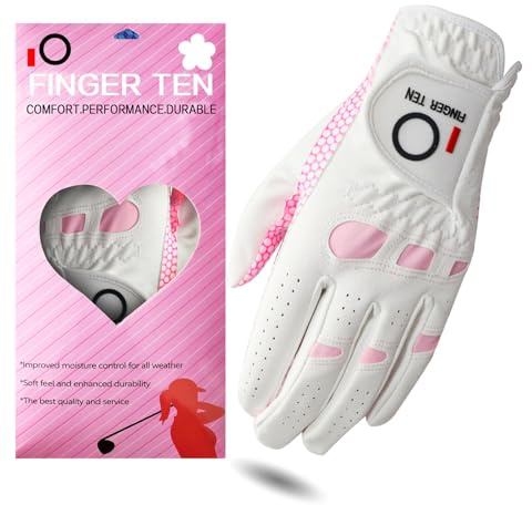 FINGER TEN All Weather Grip Ladies Golf Gloves 1 Pack for Left and Right Hand Golfers, Soft Golf Glove LH RH, Sizes S M L XL (Pink, Medium (Worn On Left Hand))