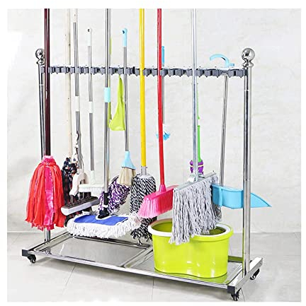Stainless Steel Dust Mop Broom Holder Hanging Rack - Professional Movable Standing Storage Shelf for Wet Mop, Floor, Balcony - Brakable Features