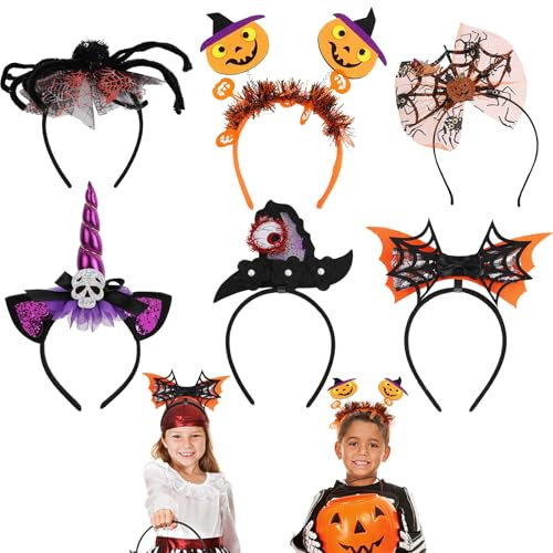 Ancuioyz 6 Pièces Bandeaux D'Halloween: Araignée, Chauve Souris, Citrouille, Cornes du Diable - Cosplay et Décoratifs pour Fête et Mascarade
