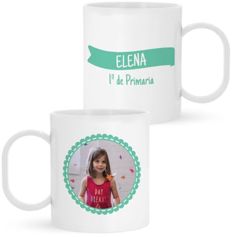 Taza de Plástico Personalizada Infantil Lazo Bandera Con Foto Y Nombre | Vuelta al Colegio/Guardería (Turquesa)