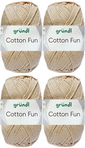 4x50 Gramm Gründl Cotton Fun Häkelgarn aus 100% Baumwolle inkl. Anleitung für Einkaufsnetz (31 Sand)