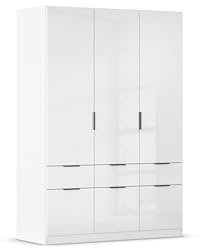 Rauch Möbel Aberdeen, Drehtürenschrank, Kleiderschrank, Schrank, Garderobe, 3-türig, 6 Schubladen, Farbe Weiß/Hochglanz weiß, Griffe Grau metallic, 136x197x54cm