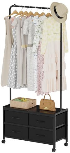 Freistehend Garderobenregal Kleiderstange Schwerlast Kleiderstange zum Aufhängen von Kleidung, Kleiderständer aus Metall, Garderobenstange mit 4 Stoffschubladen, Freistehender offener Kleiderschrank
