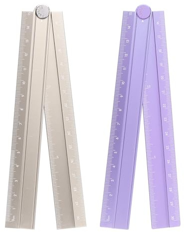 sourcing map 2pcs Folding Straight Ruler 30cm Metric Aluminum Alloy Protractor Foldable Angle Ruler Geometric Measure Tool with Angle Line for Architect Artist Office, Khaki/Lavender