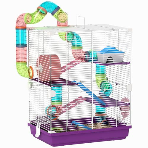PawHut Cage pour Hamster Rongeur 4 étages avec Tunnels mangeoire Roue Maison échelles dim. 46L x 30l x 58H cm Violet