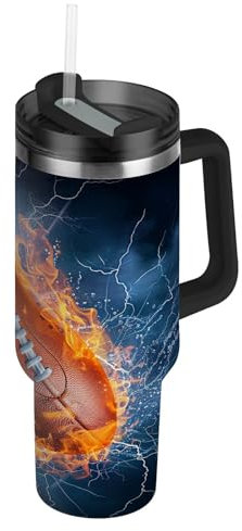 Wzzzsun Flamme Football Américain Rugby Isotherme Bouteille d'eau avec Paille, Gourde Sport en Acier Inoxydable Gourdes sans BPA pour Enfant Garçon Fille École Bureau