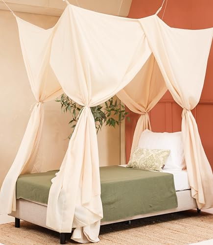 Cremebeiger Betthimmel für Einzelbett & Kinderzimmer | Kinder Moskitonetz | Dekorativer Baldachin für Bett | Himmelbett Vorhänge, 4 Öffnungen