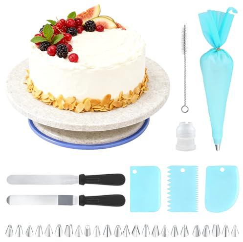Ftemglo Plato Giratorio Para Tartas, Bandeja para Tartas, Soporte Giratorio, Kit Reposteria de Suministros con Raspadores, Espátulas, Mangas Pasteleras y Accesorios