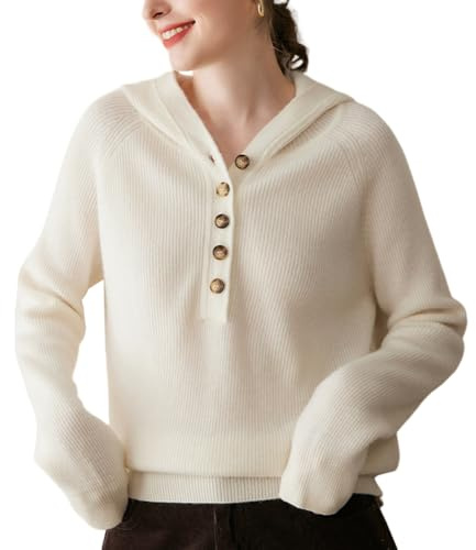 DISSA Pull Cachemire Femme Capuche Uni Tricoté en Vrac Manches Longues épais Pull en Cachemire et Laine,Ecru,EU 38,MR25106
