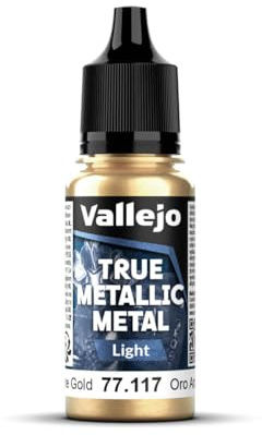 Vallejo True Metallic Paint 117-18ML Arcane Gold, Bright Finish for Base Color Enhancement, Brush Application, Dropper Bottle, Ideal for Blending and Gradients