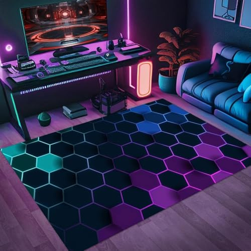 RUILBJM Cyberpunk Teppich mit Waben Muster Große Spielmatte für Gamer, Rutschfester,Coole Deko für Kinderzimmer,PC Gaming Zimmer für Teenager Kinderzimmer Carpet (Purple,120 * 160cm)