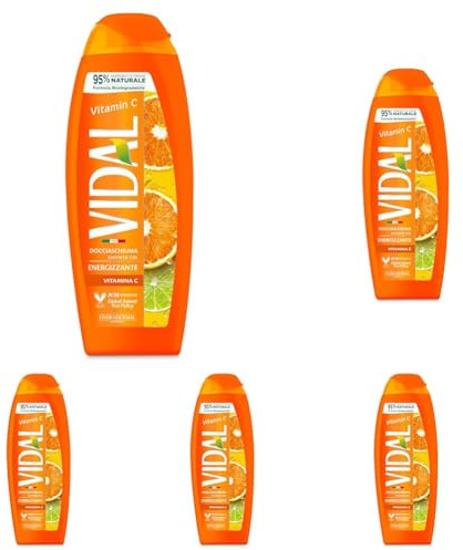 Vidal - Docciaschiuma Vitamina C, Formula Energizzante, Fragranza di Arancia e Lime, Dermatologicamente Testato, 250ml (Confezione da 5)